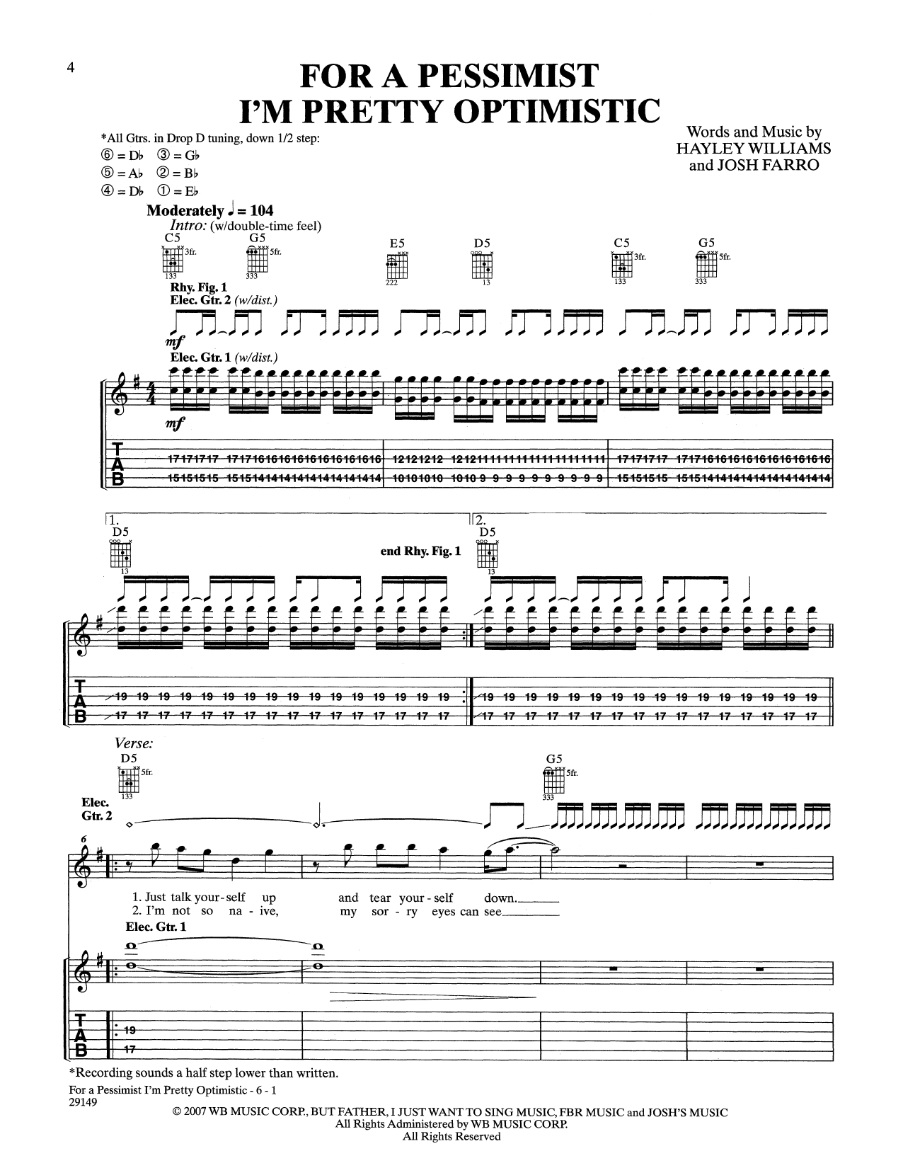 Paramore For A Pessimist I'm Pretty Optimistic sheet music notes and chords arranged for Guitar Tab