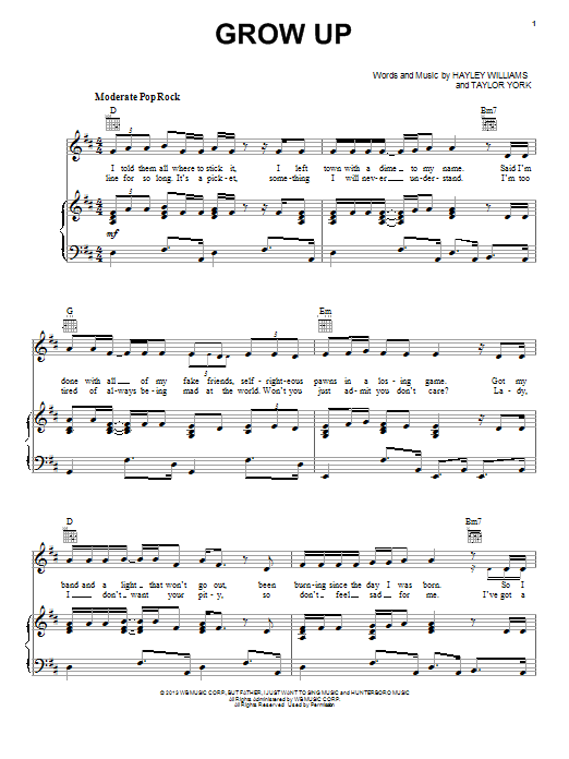 Paramore Grow Up sheet music notes and chords arranged for Piano, Vocal & Guitar Chords (Right-Hand Melody)