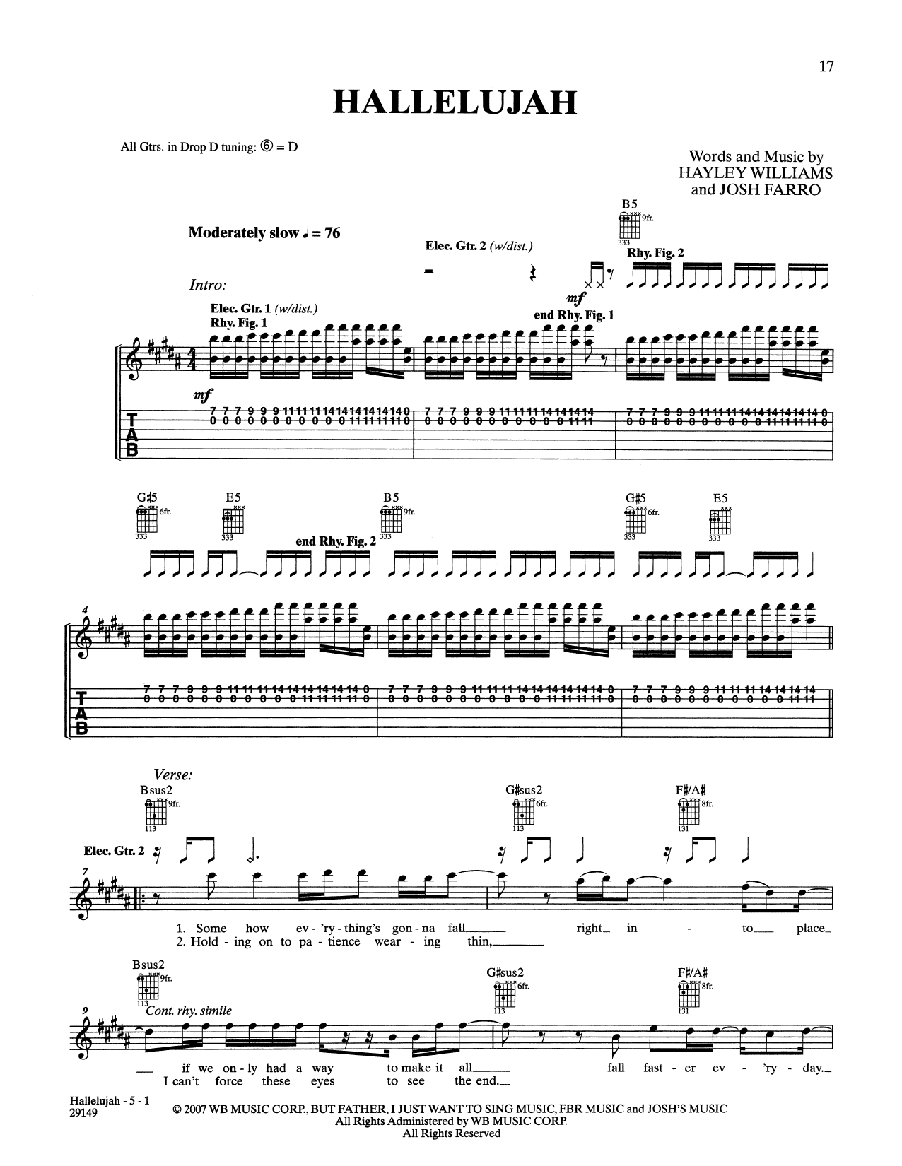 Paramore Hallelujah sheet music notes and chords arranged for Guitar Tab