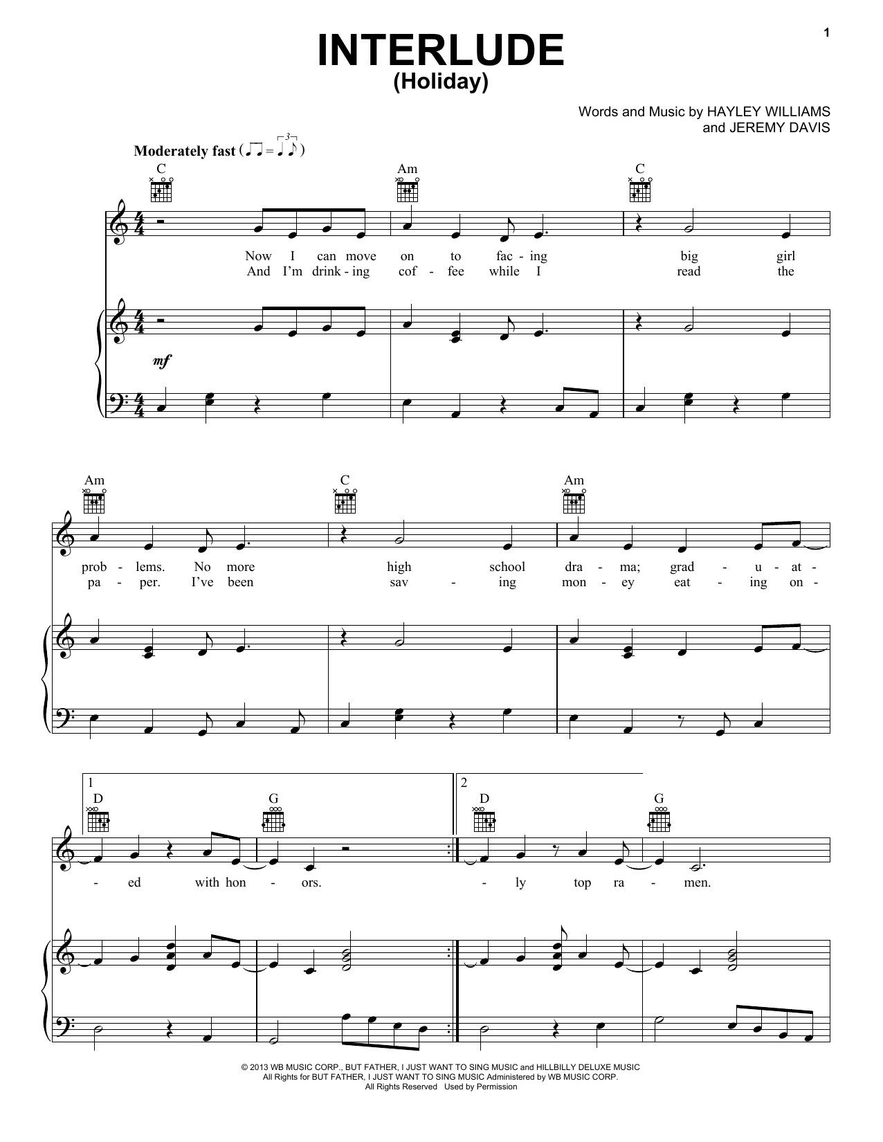 Paramore Interlude (Holiday) sheet music notes and chords arranged for Piano, Vocal & Guitar Chords (Right-Hand Melody)