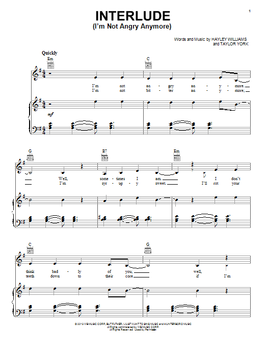 Paramore Interlude (I'm Not Angry Anymore) sheet music notes and chords arranged for Piano, Vocal & Guitar Chords (Right-Hand Melody)