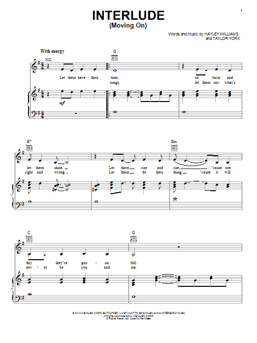 Paramore Interlude (Moving On) sheet music notes and chords arranged for Piano, Vocal & Guitar Chords (Right-Hand Melody)