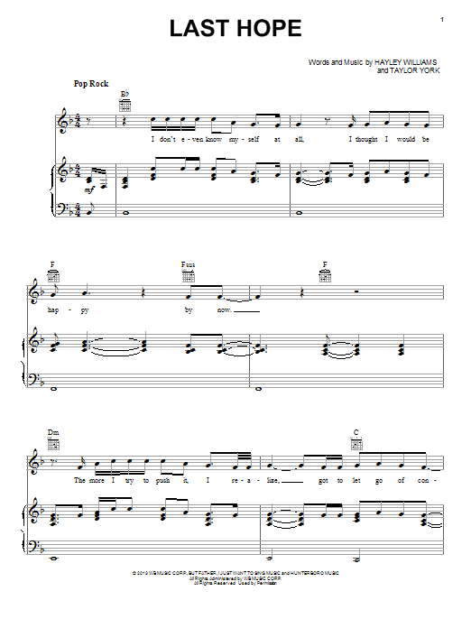 Paramore Last Hope sheet music notes and chords arranged for Piano, Vocal & Guitar Chords (Right-Hand Melody)