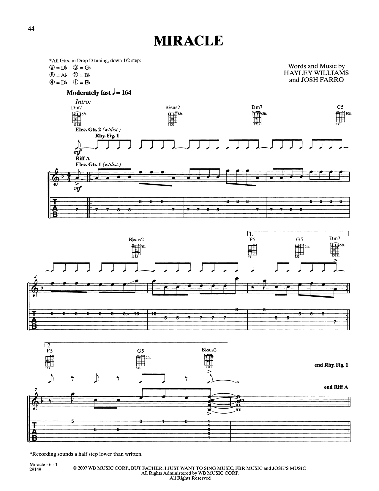 Paramore Miracle sheet music notes and chords arranged for Guitar Tab
