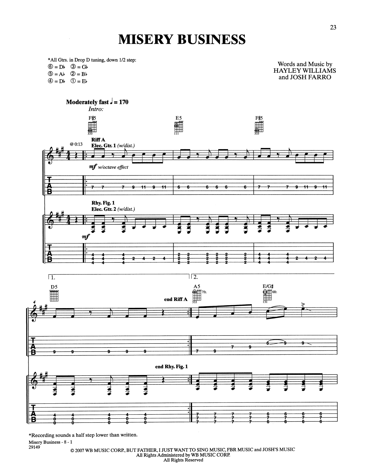 Paramore Misery Business sheet music notes and chords arranged for Guitar Tab