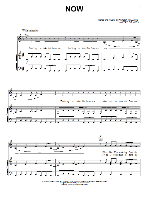 Paramore Now sheet music notes and chords arranged for Piano, Vocal & Guitar Chords (Right-Hand Melody)