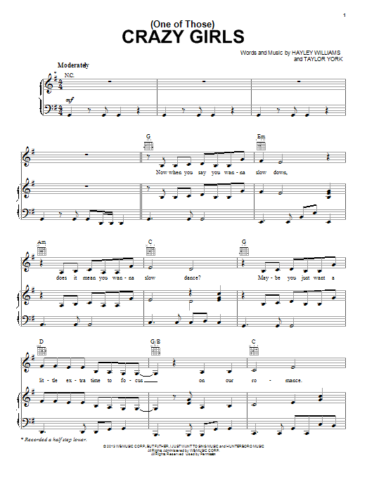 Paramore (One Of Those) Crazy Girls sheet music notes and chords arranged for Piano, Vocal & Guitar Chords (Right-Hand Melody)