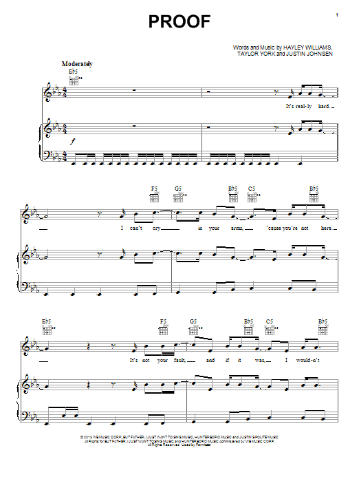 Paramore Proof sheet music notes and chords arranged for Piano, Vocal & Guitar Chords (Right-Hand Melody)