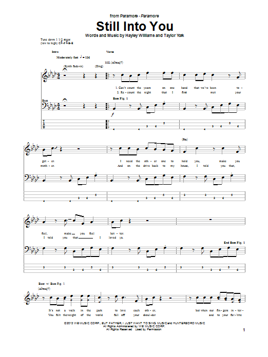 Paramore Still Into You sheet music notes and chords arranged for Bass Guitar Tab