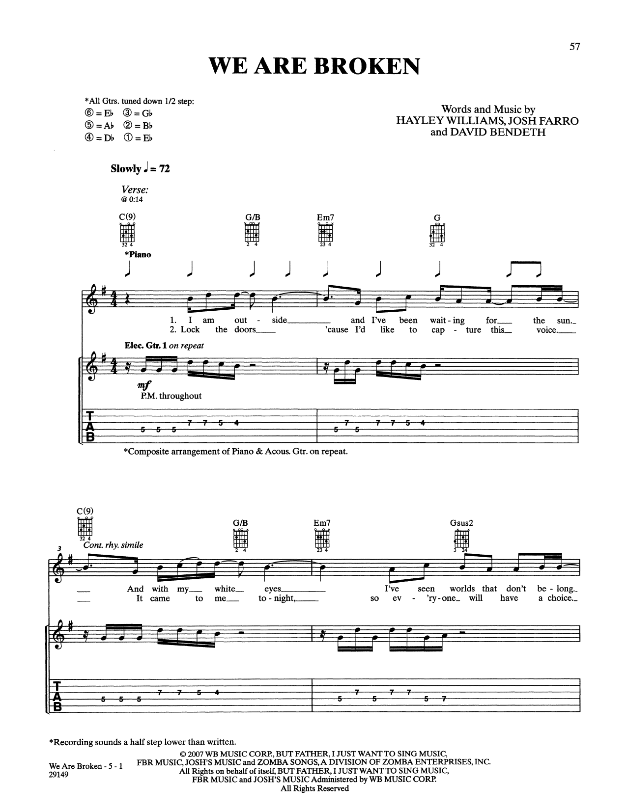 Paramore We Are Broken sheet music notes and chords arranged for Guitar Tab