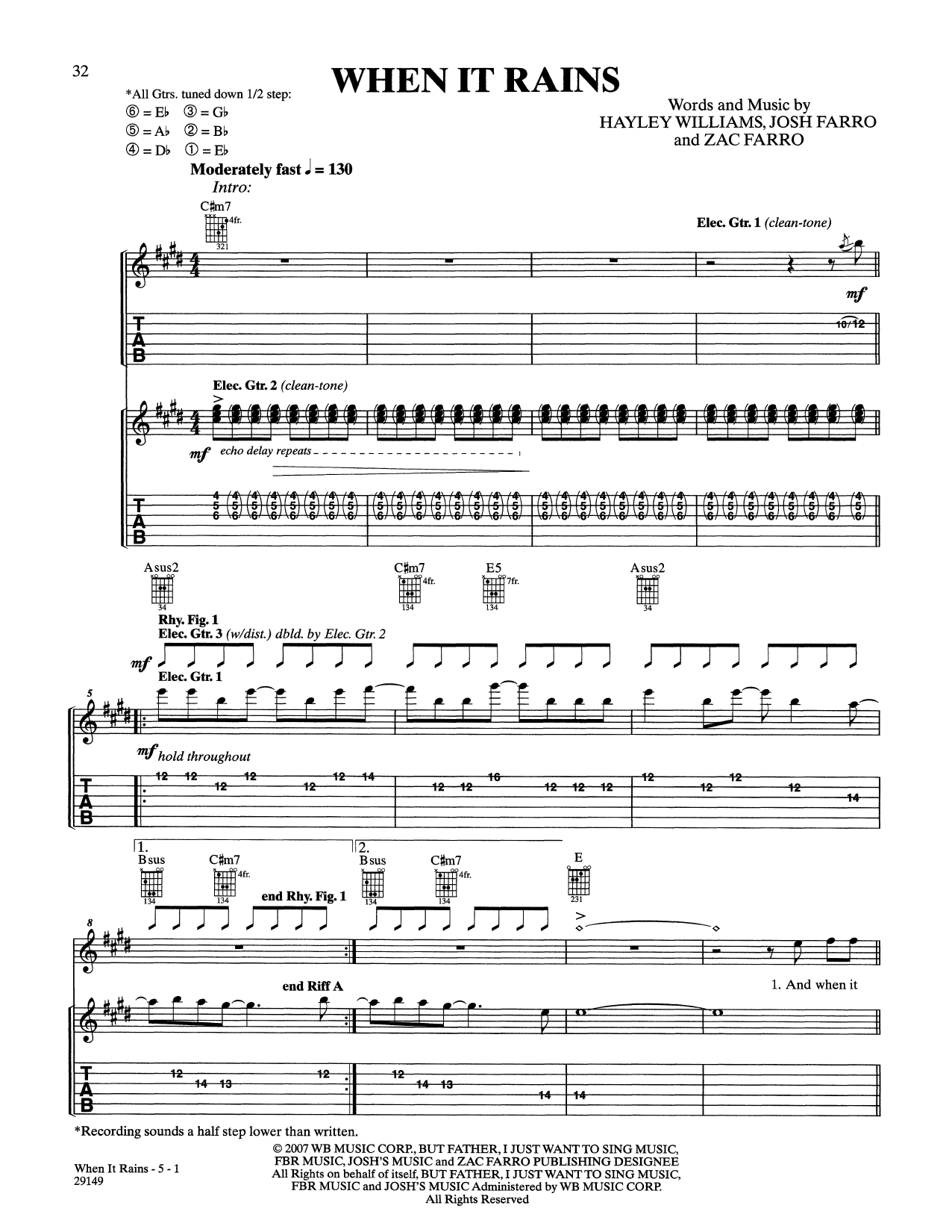 Paramore When It Rains sheet music notes and chords arranged for Guitar Tab