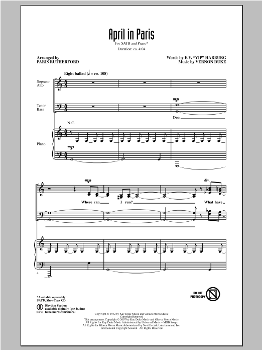 Paris Rutherford April In Paris sheet music notes and chords arranged for SATB Choir