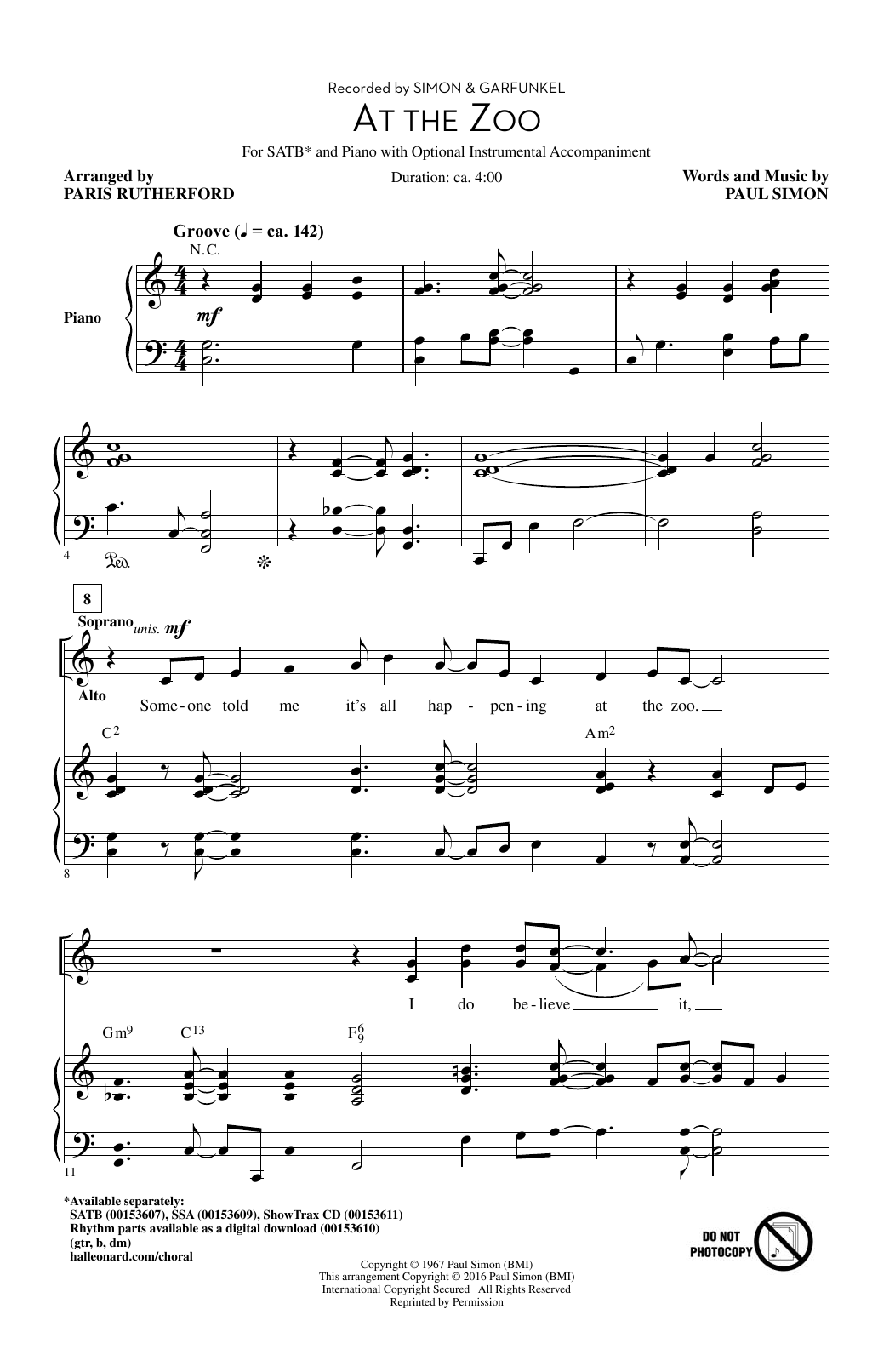Paris Rutherford At The Zoo sheet music notes and chords arranged for SATB Choir