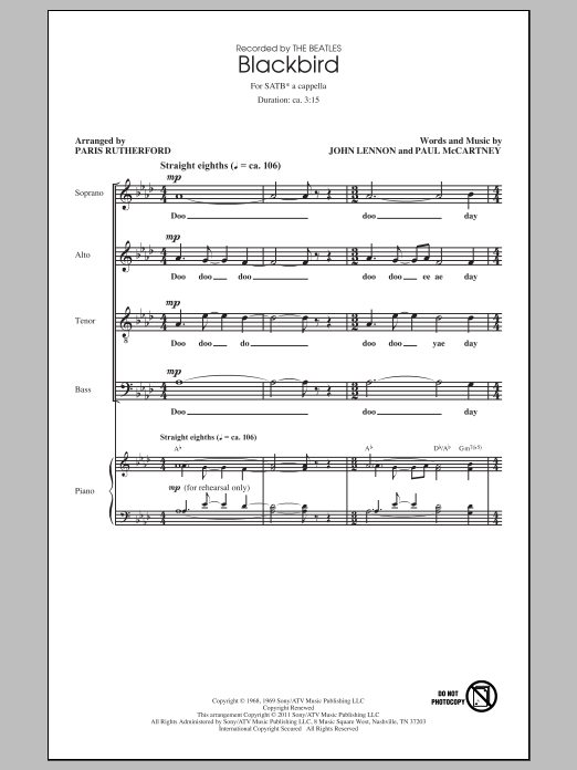 Paris Rutherford Blackbird sheet music notes and chords arranged for SATB Choir