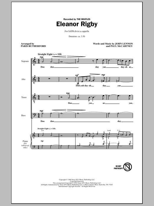 Paris Rutherford Eleanor Rigby sheet music notes and chords arranged for SATB Choir
