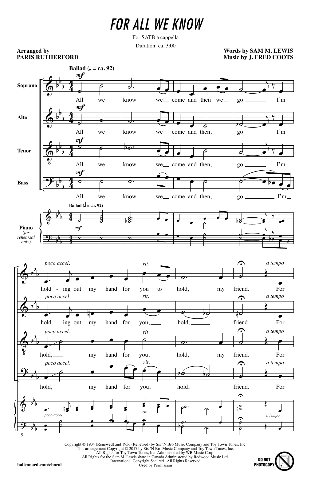 Paris Rutherford For All We Know sheet music notes and chords arranged for SATB Choir