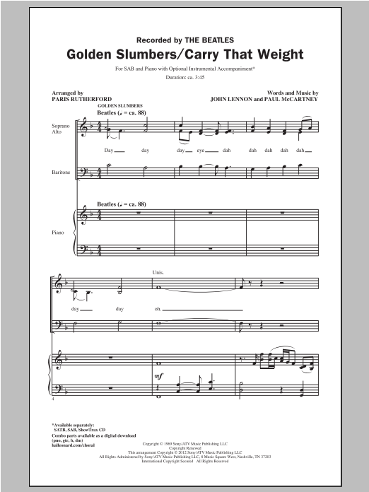 Paris Rutherford Golden Slumbers/Carry That Weight sheet music notes and chords arranged for SAB Choir