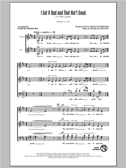 Paris Rutherford I Got It Bad And That Ain't Good sheet music notes and chords arranged for SATB Choir