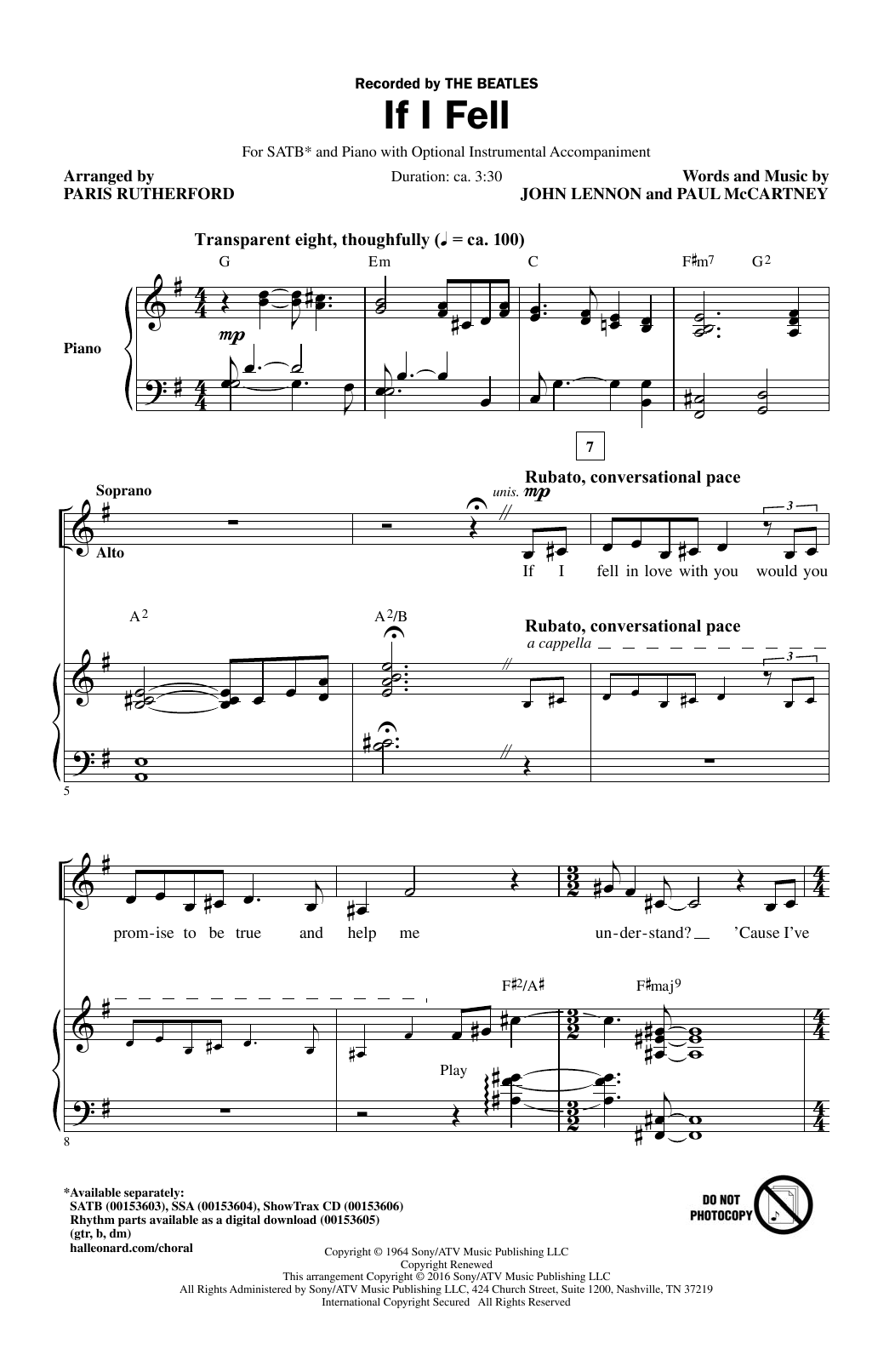 Paris Rutherford If I Fell sheet music notes and chords arranged for SSA Choir