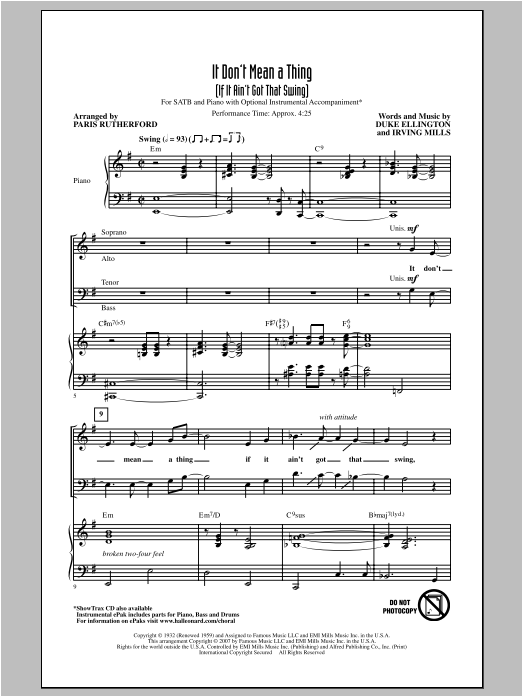 Paris Rutherford It Don't Mean A Thing (If It Ain't Got That Swing) sheet music notes and chords arranged for SATB Choir