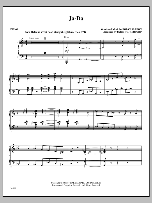 Paris Rutherford Ja-Da - Piano sheet music notes and chords arranged for Choir Instrumental Pak