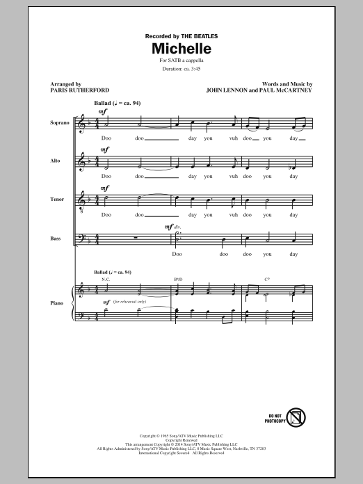 Paris Rutherford Michelle sheet music notes and chords arranged for SATB Choir