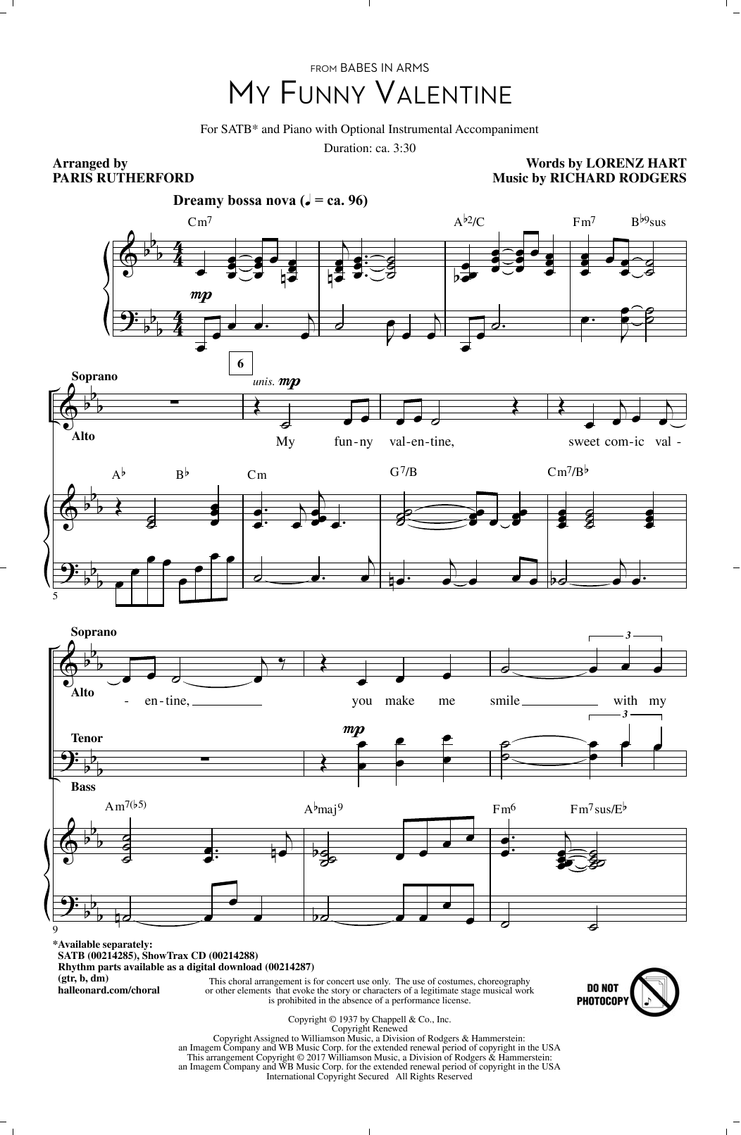 Paris Rutherford My Funny Valentine sheet music notes and chords arranged for SATB Choir