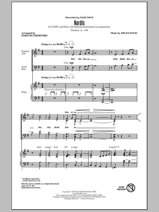 Paris Rutherford Nardis sheet music notes and chords arranged for SATB Choir