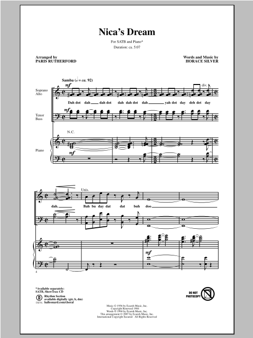 Paris Rutherford Nica's Dream sheet music notes and chords arranged for SATB Choir