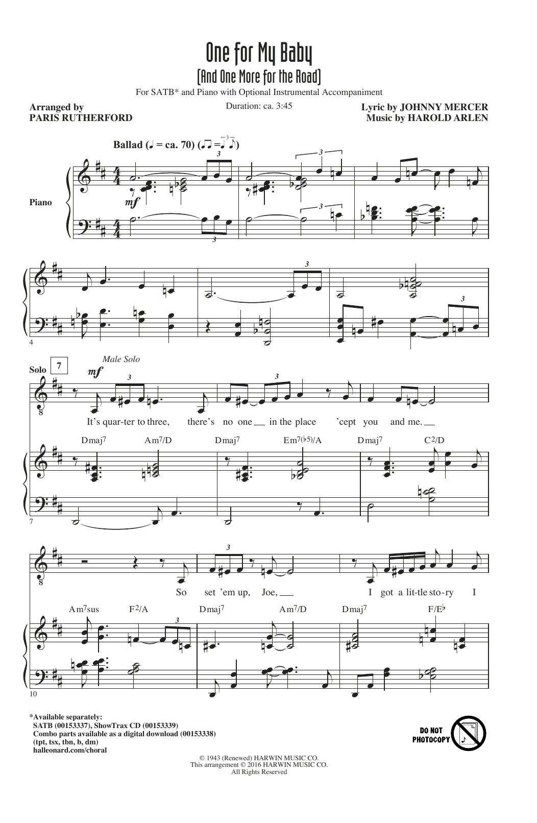 Paris Rutherford One For My Baby (And One More For The Road) sheet music notes and chords arranged for SATB Choir