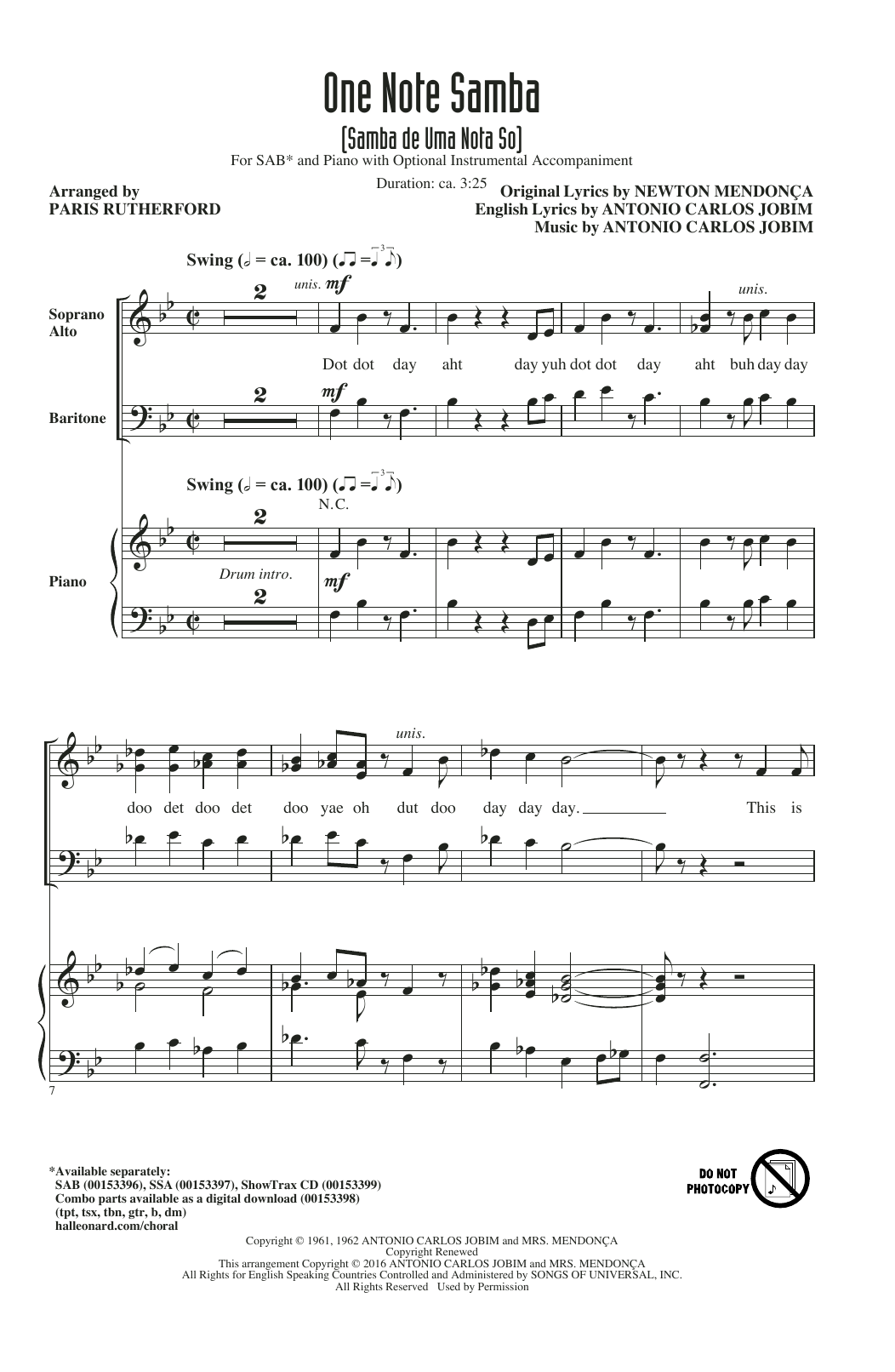 Paris Rutherford One Note Samba (Samba De Uma Nota So) sheet music notes and chords arranged for SAB Choir