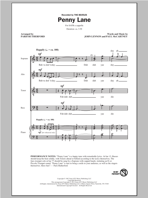 Paris Rutherford Penny Lane sheet music notes and chords arranged for SATB Choir