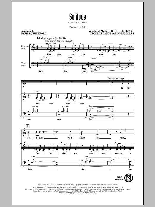 Paris Rutherford Solitude sheet music notes and chords arranged for SATB Choir
