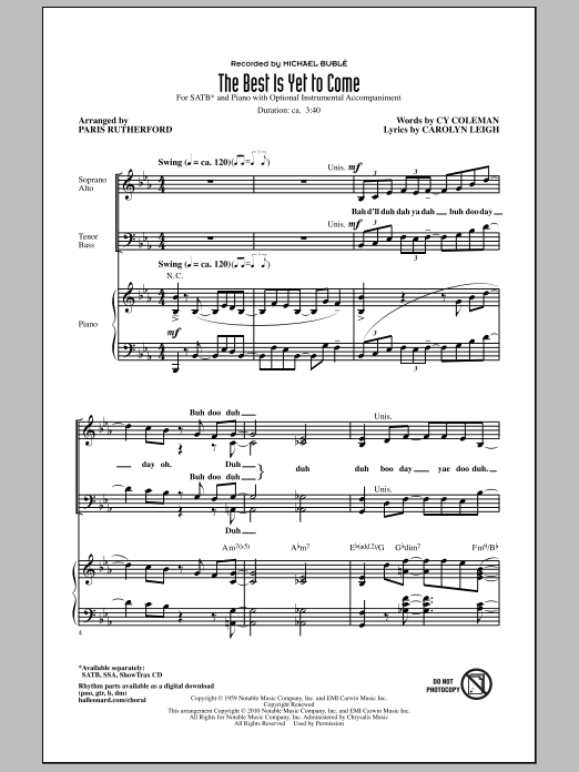 Paris Rutherford The Best Is Yet To Come sheet music notes and chords arranged for SATB Choir