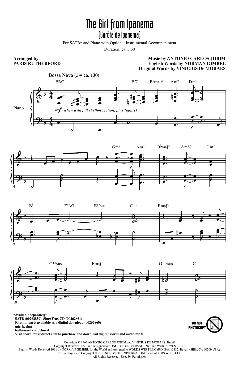 Paris Rutherford The Girl From Ipanema (Garota De Ipanema) sheet music notes and chords arranged for SATB Choir