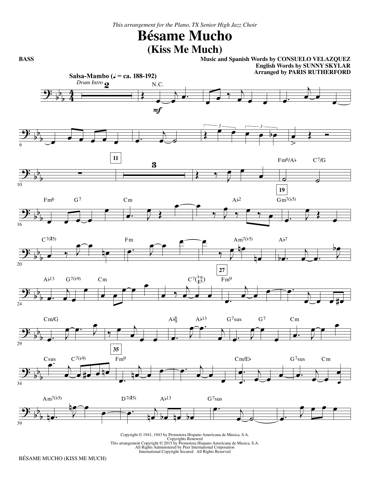 Paris Rutherford Besame Mucho (Kiss Me Much) - Bass sheet music notes and chords. Download Printable PDF.
