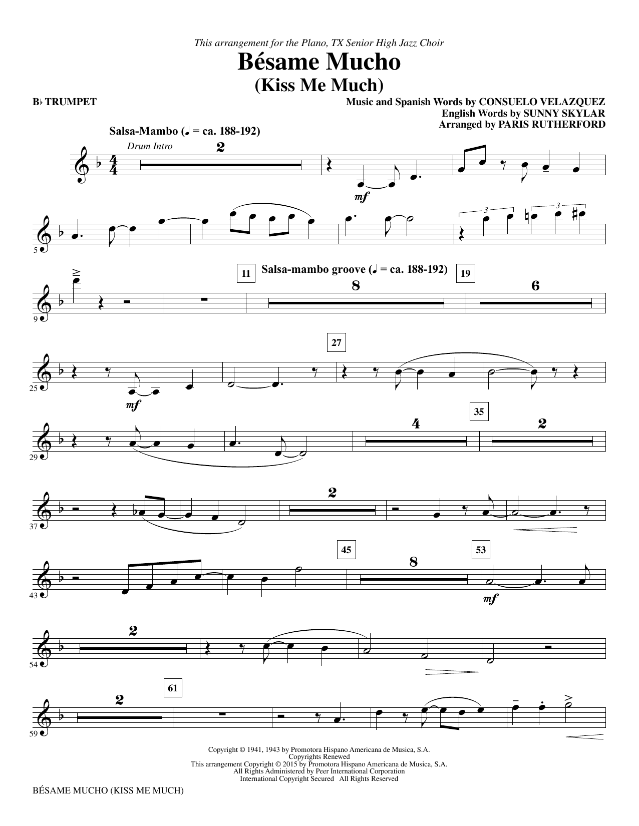 Paris Rutherford Besame Mucho (Kiss Me Much) - Bb Trumpet sheet music notes and chords. Download Printable PDF.