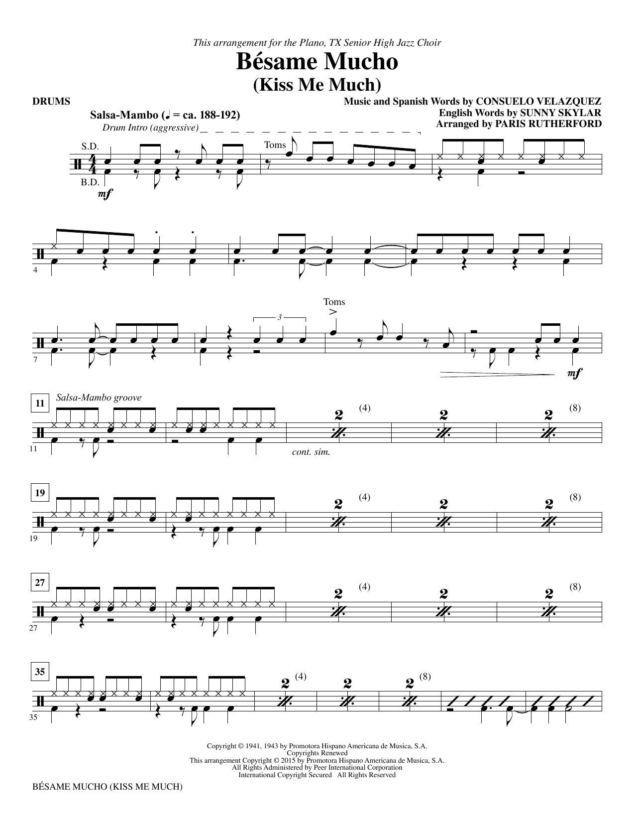 Paris Rutherford Besame Mucho (Kiss Me Much) - Drums sheet music notes and chords. Download Printable PDF.