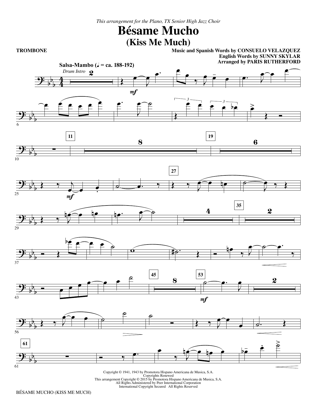 Paris Rutherford Besame Mucho (Kiss Me Much) - Trombone sheet music notes and chords. Download Printable PDF.