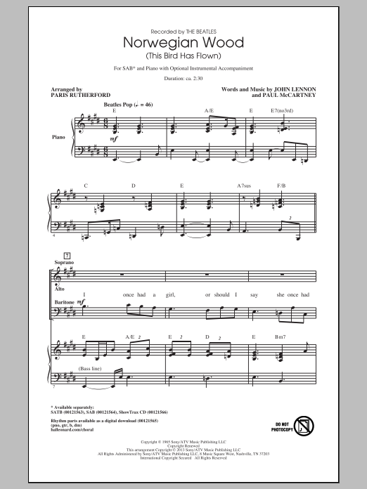 Paris Rutherford Norwegian Wood (This Bird Has Flown) sheet music notes and chords arranged for SAB Choir