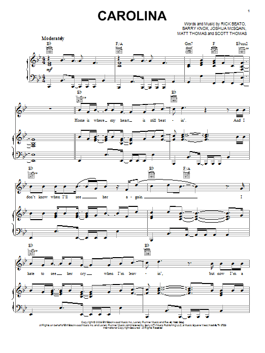 Parmalee Carolina sheet music notes and chords arranged for Piano, Vocal & Guitar Chords (Right-Hand Melody)