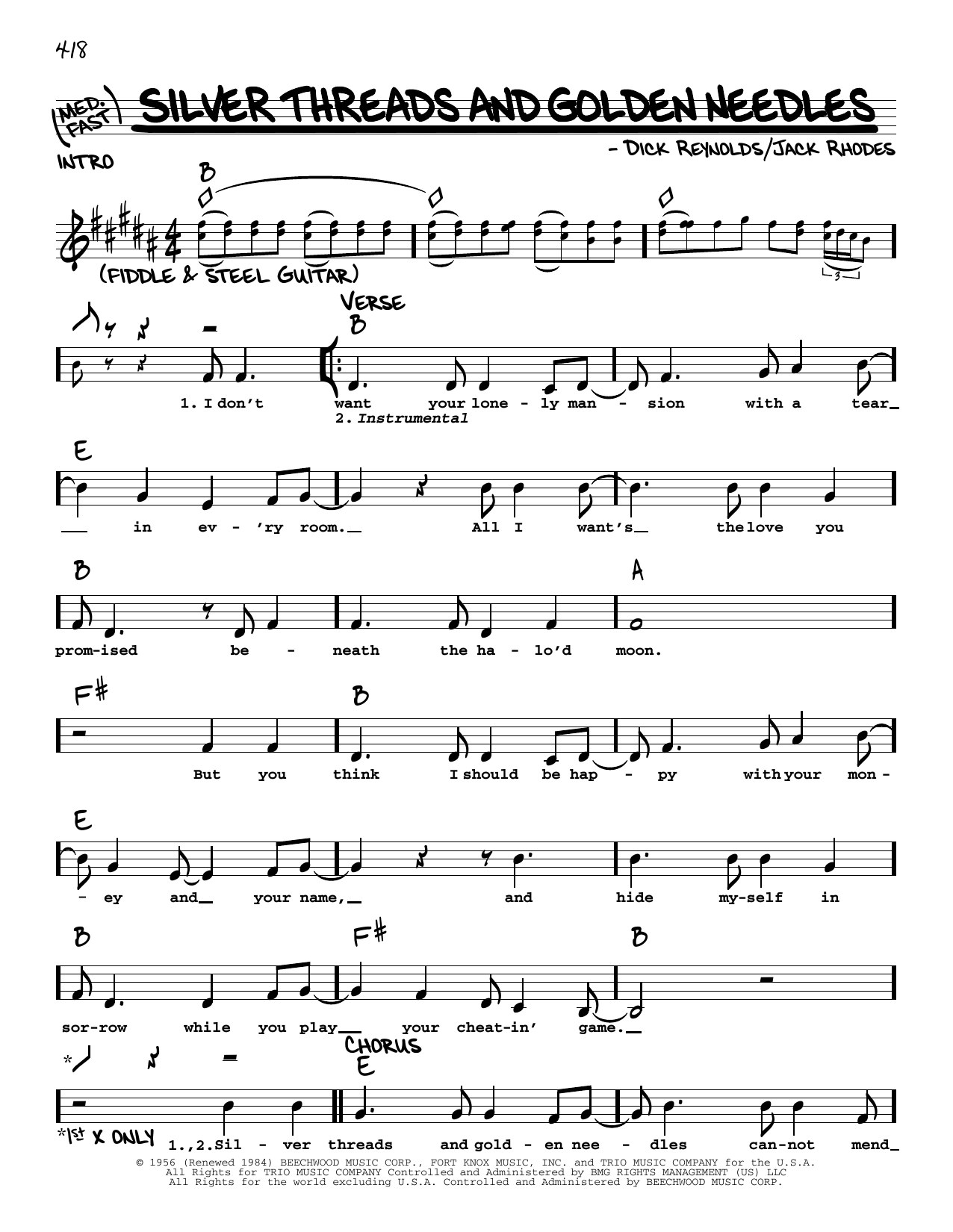 Parton Lynn Wynette Silver Threads And Golden Needles sheet music notes and chords arranged for Real Book – Melody, Lyrics & Chords