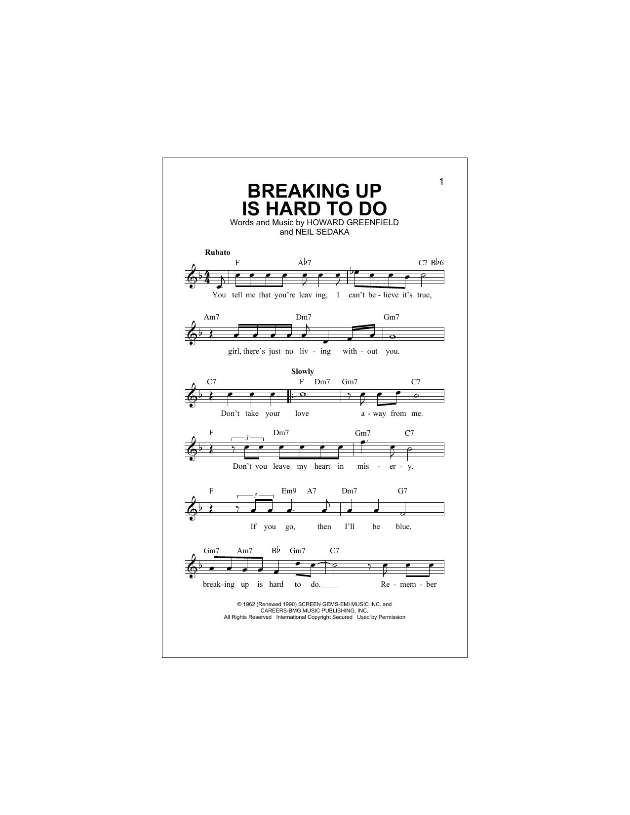 Partridge Family Breaking Up Is Hard To Do sheet music notes and chords arranged for Lead Sheet / Fake Book
