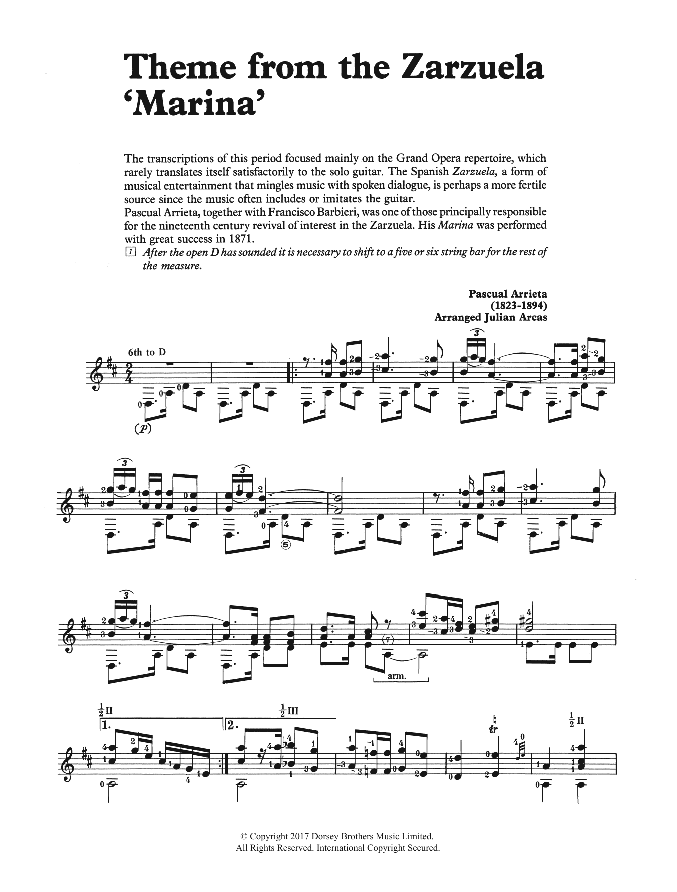 Pascual Arrieta Theme from the Zarzuela 'Marina' sheet music notes and chords arranged for Solo Guitar