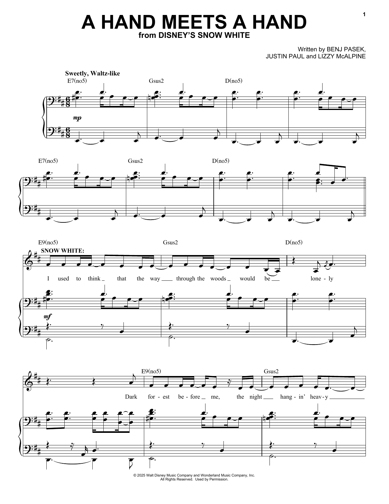 Pasek & Paul A Hand Meets A Hand (from Snow White) (2025) sheet music notes and chords arranged for Piano & Vocal