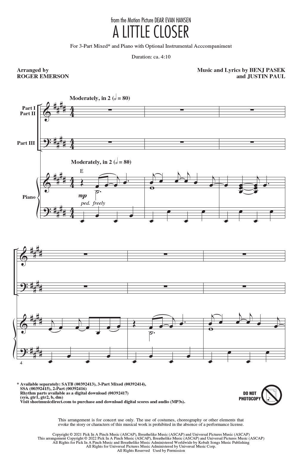 Pasek & Paul A Little Closer (from Dear Evan Hansen) (arr. Roger Emerson) sheet music notes and chords arranged for SATB Choir