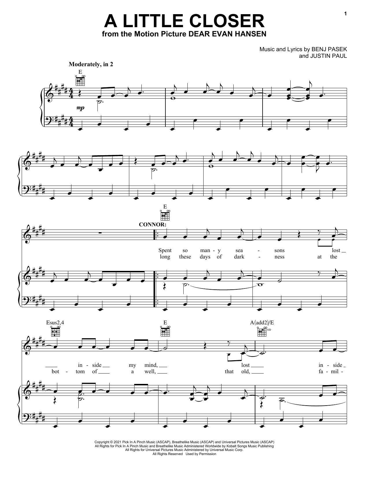 Pasek & Paul A Little Closer (from Dear Evan Hansen) sheet music notes and chords arranged for Piano & Vocal