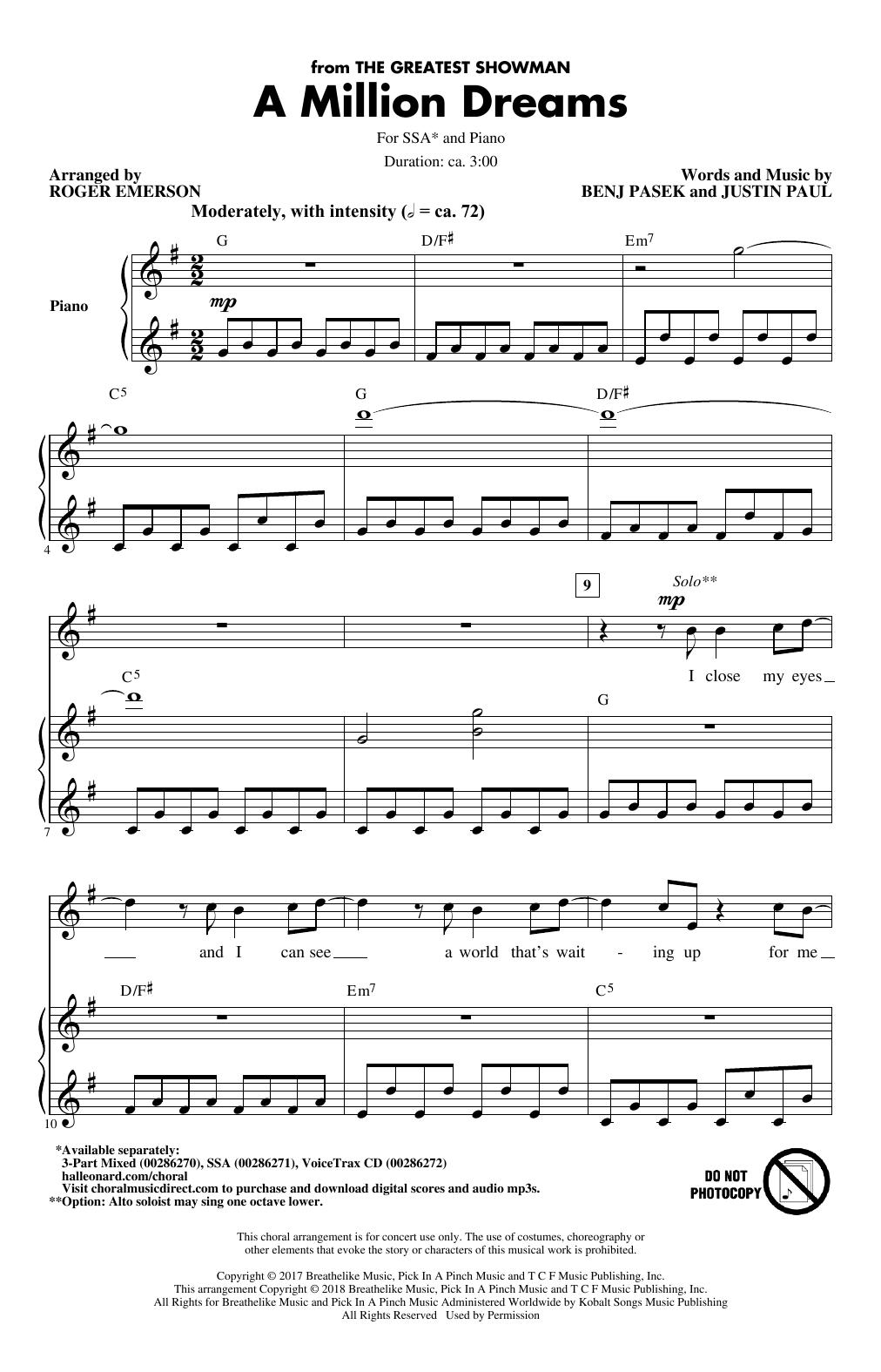 Pasek & Paul A Million Dreams (from The Greatest Showman) (arr. Roger Emerson) sheet music notes and chords arranged for SSA Choir