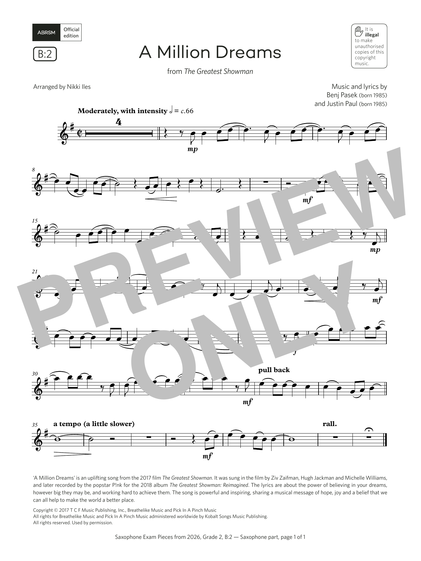 Pasek & Paul A Million Dreams (Grade 2, list B2, from the ABRSM Saxophone Syllabus from 2026) sheet music notes and chords arranged for Alto Sax Solo