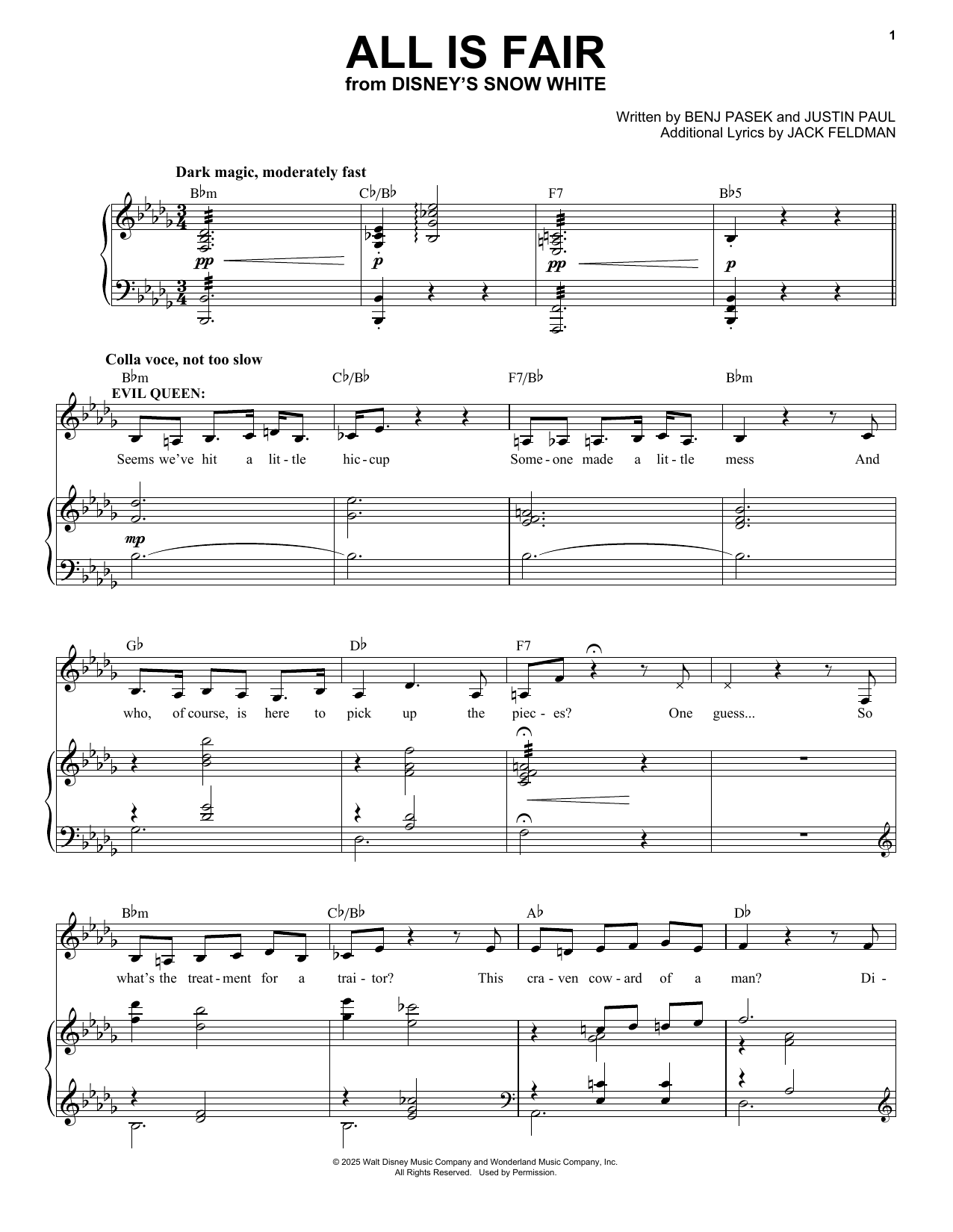 Pasek & Paul All Is Fair (from Snow White) (2025) sheet music notes and chords arranged for Piano & Vocal